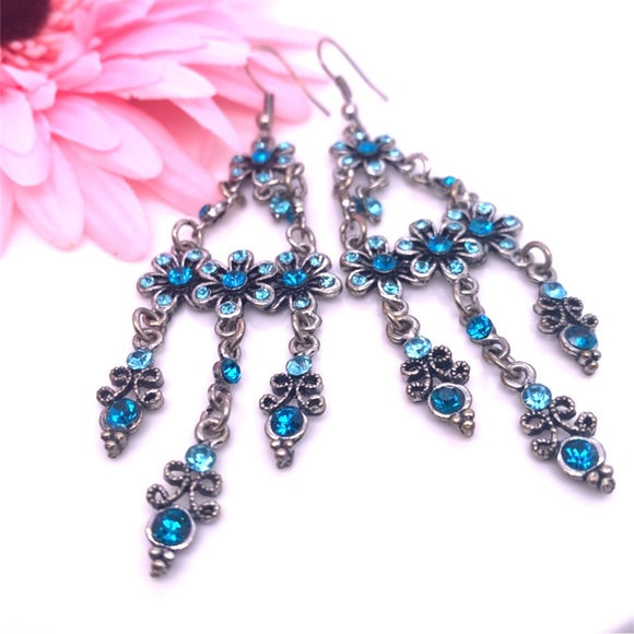Blue Rhinestones Floral Dangle Earrings 3.5” - Picture 2 of 7